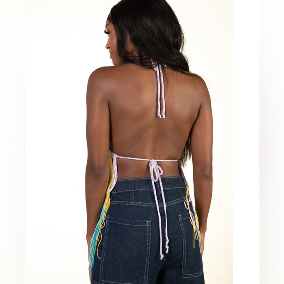 WoWo Colorful Crochet Halter Top Size L Open Back with Fringe Boho Hippie Fest - Picture 10 of 11